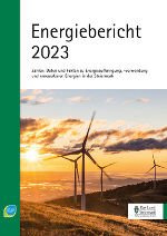 Titelbild des Energieberichtes 2023 mit Windrädern auf einem bewaldeten Berghang vor einer aufgehenden Sonne.
