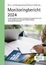 Titelblatt des Monitoringberichts 2023 der Klima- und Energiestrategie Steiermark 2030 plus. Darauf zu sehen sind verschiedene technische Icons in den Farben rosa, lila und orange.