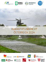 Klimabericht Österreich 2024: Illustration mit Luftaufnahme einer grünen Fläche und einem Hubschrauber darüber.
