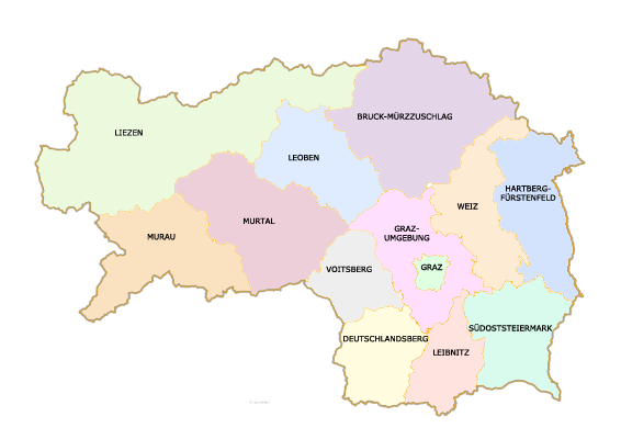 Steirische Bezirke 2013. Für Detailinformationen klicken Sie auf den jeweiligen Bezirk!