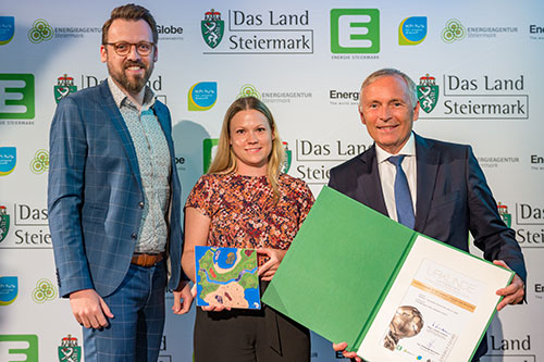 (v.l.n.r.) Christian Hütter (Energieregion Weiz-Gleisdorf) Tanja Enne (HLW Weiz) Rubrikpate Christian Purrer (Energie Steiermark)