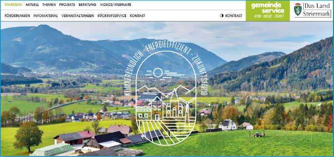 Bild der Gemeindeservice Steiermark Website mit Logos und einer Landschaft im Hintergrund.