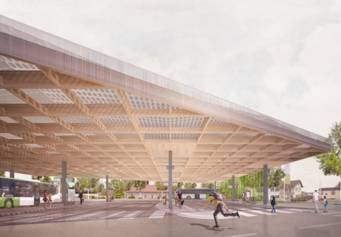 Busbahnhof Premstaetten mit seiner lichtdurchfluteten, hölzernen Dachkonstruktion samt „Photovoltaik-Kraftwerk“