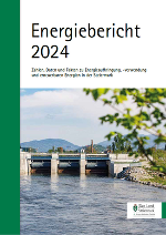 Titelbild des Energieberichtes 2024 mit einem Wasserkraftwerk an der Mur, im Hintergrund Berge.