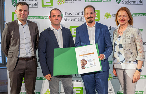 (v.l.n.r.), Gerald Sachs, Hubert Thaller, Florian Salzer (Intercal  Austria GmbH) mit Rubrikpatin Landesrätin Simone Schmiedtbauer
